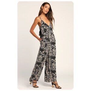Lulus Chic Aspect Black Floral Backless Wide Leg Spaghetti Strap Jumpsuit sz S